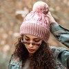 H8006-@PK@ONESIZE-50AC-50PO@-567964@525@05 Fleece-Lined Puffer Knit Pom Pom Beanie Hats