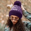 H8006-@PU@ONESIZE-50AC-50PO@-605539@525@05 Fleece-Lined Puffer Knit Pom Pom Beanie Hats