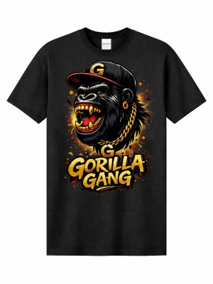 Gorilla Gang graphic printed on a black Gildan Heavy Cotton t-shirt.