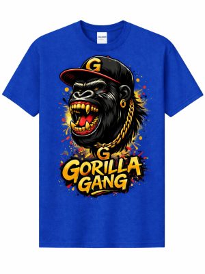 gorilla-gang-graphic-t-shirt Gorilla Gang graphic printed on a blue Gildan Heavy Cotton t-shirt.