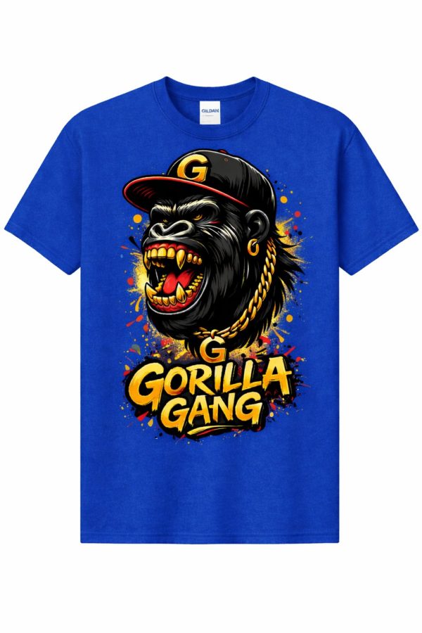 Gorilla Gang graphic printed on a blue Gildan Heavy Cotton t-shirt.