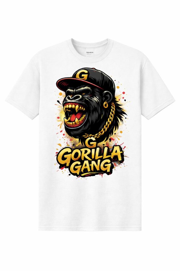 Gorilla Gang graphic printed on a white Gildan Heavy Cotton t-shirt.