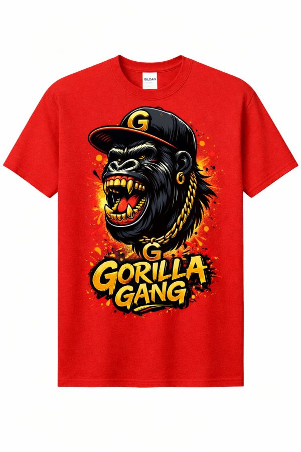 Gorilla Gang graphic printed on a red Gildan Heavy Cotton t-shirt.