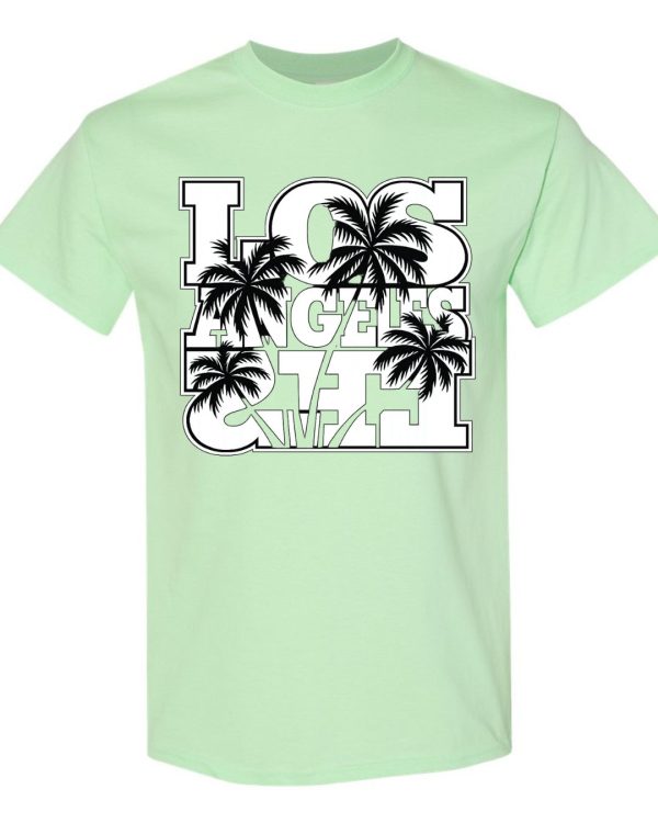 Los Angeles palm tree graphic printed on a mint Gildan unisex t-shirt.
