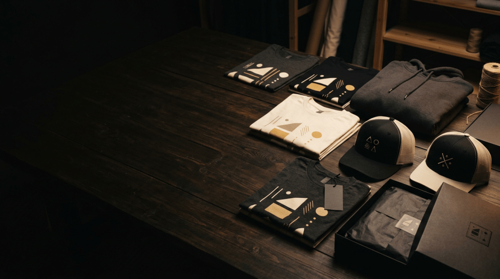 Custom apparel collection featuring printed t-shirts, a hoodie, and branded caps