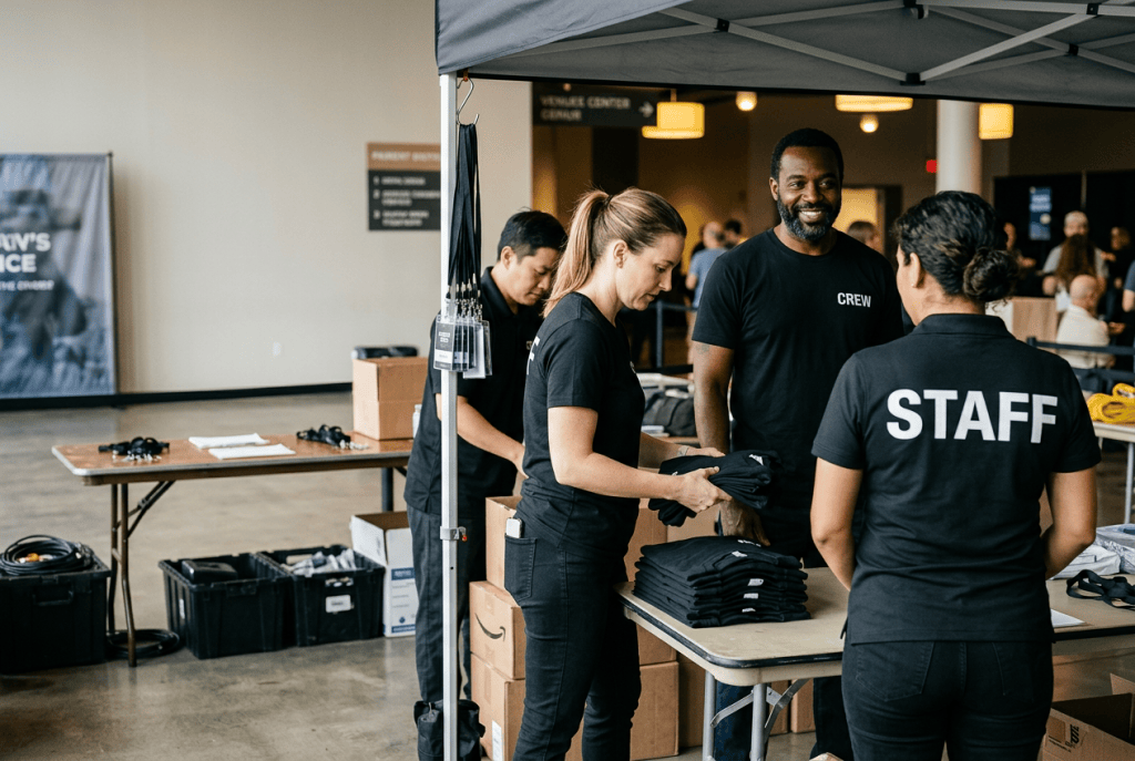 Event staff wearing CREW and STAFF shirts while preparing apparel